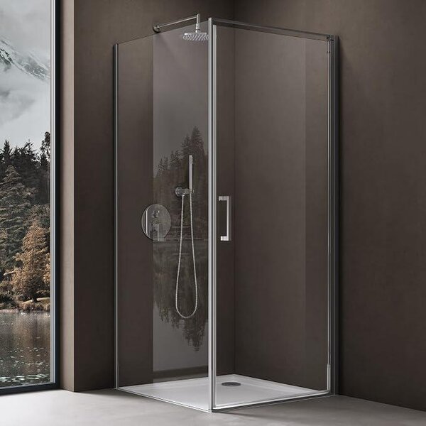 Rohová sprchová kabina Ravenna36k, rozměry 90x90x195 cm. Sprchové dveře z bezpečnostního skla, čiré, s oboustrannou povrchovou úpravou Easy-Clean