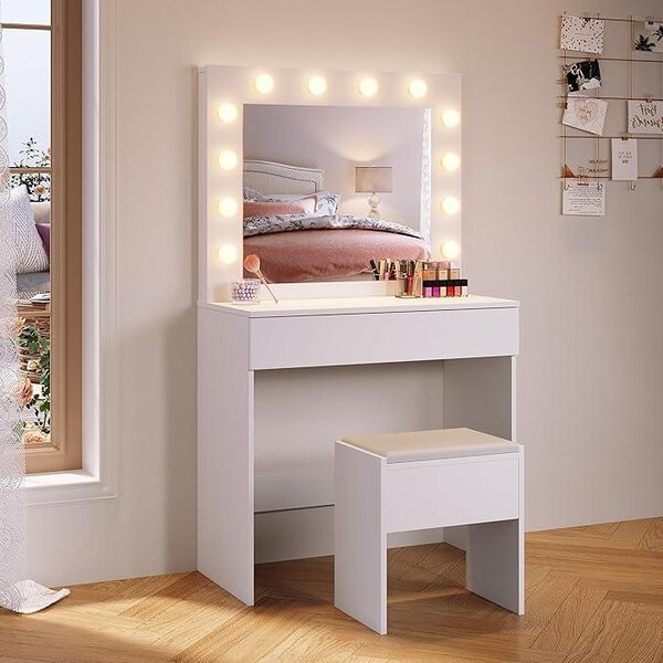 Toaletní stolek se židličkou, zrcadlem a zásuvkami, kosmetický stolek s 12 LED světly, 10 úrovněmi nastavení jasu, 3 barvami, komoda jako toaletní stolek pro ženy do ložnice, bílá, 80x40x140 cm