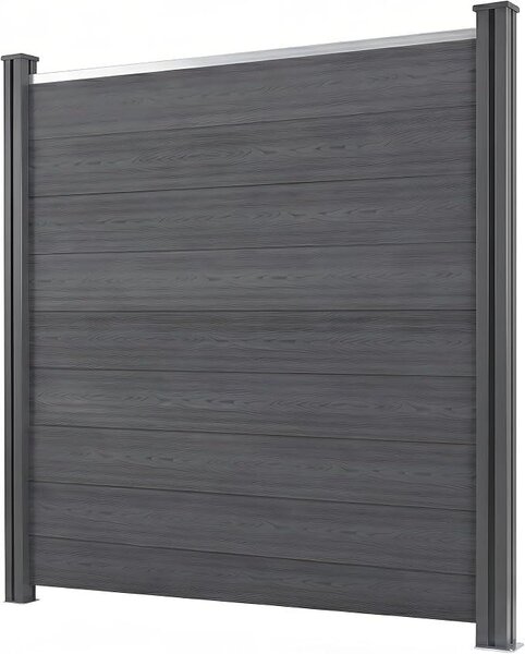 Kompletní sada plotu z kompozitního materiálu (WPC) pro oddělení prostoru, barva antracit – zahradní plot s robustními sloupky z WPC o rozměrech 10x10 cm, lamelový plot, ochrana proti větru, šířka 186-538 cm, výška 185 cm (1-3 kusy)