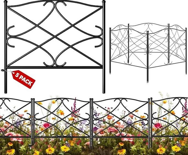 Robustní ocelový plot, 61 cm x 3 m (5 panelů), dekorativní plot pro zahradu, bez nutnosti kopání, dekorativní oplocení, nerezový kovový plot, ohraničení pro venkovní prostory, dvůr, terasu, bariéra pro menší zvířata