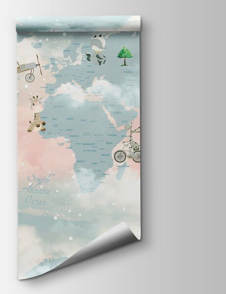 Fototapeta Mapa světa s mraky a zvířaty, Dětské fototapety, Populární fototapety, u99226 - Tapeko.co.cz