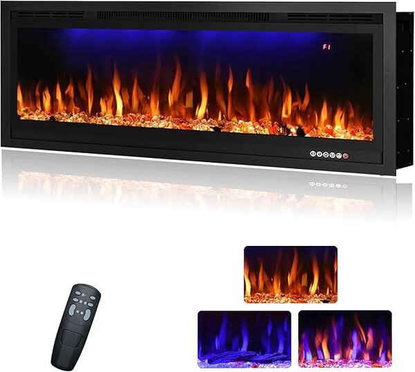 42"/106,7 cm elektrický krbový vložka, nástěnná i vestavěná, lineární topný krb s termostatem, plamenem a horním světlem, časovač