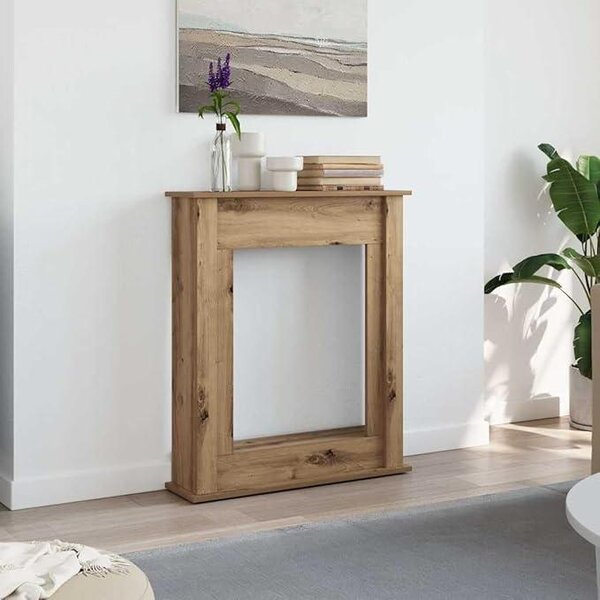 Obložení pro krb z dřevovláknité desky, barva Artisan Oak, rozměry 75 x 20 x 87,5 cm. Konzole pro elektrické krby s LED plameny, dekorativní odkládací plocha do obývacího pokoje