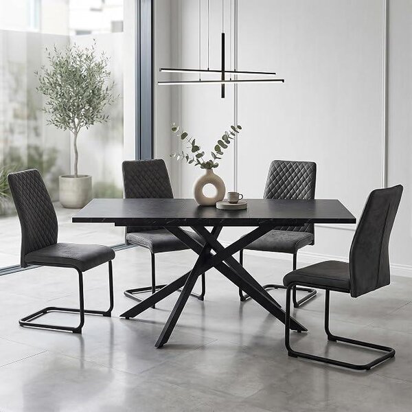 Jídelní set pro 4-6 osob, rozkládací jídelní stůl 120-160x80x76 cm, 4 křesla, moderní industriální design (mramor/antracit)