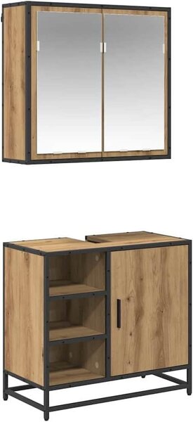 Sada koupelnového nábytku, 2 kusy. Imitace dub Artisan, rozměry 65 x 33 x 60 cm. Zahrnuje: nástěnná skříňka se zrcadlem, podstavní skříňka pod umyvadlo. Materiál: dřevotříska, černé kovové nožky, úchytky ve tvaru tyčí