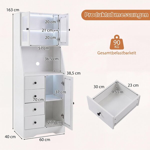 COSTWAY, kuchyňská skříňka o výšce 163 cm s pracovní deskou a LED osvětlením, komoda s 4 zásuvkami a 3 dvířky, úložná skříň do kuchyně z dřeva, vysoká skříň