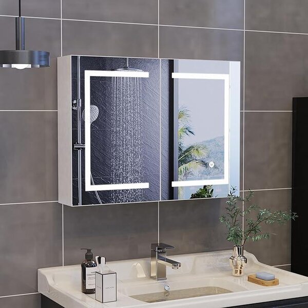 Zrcadlová skříňka s LED osvětlením, rozměry 80 x 13 x 60 cm, určená k montáži na zeď, s nastavitelnými policemi, s regulovatelnou intenzitou a teplotou světla, bílá (dvojitá dvířka, 80 x 13 x 60 cm)