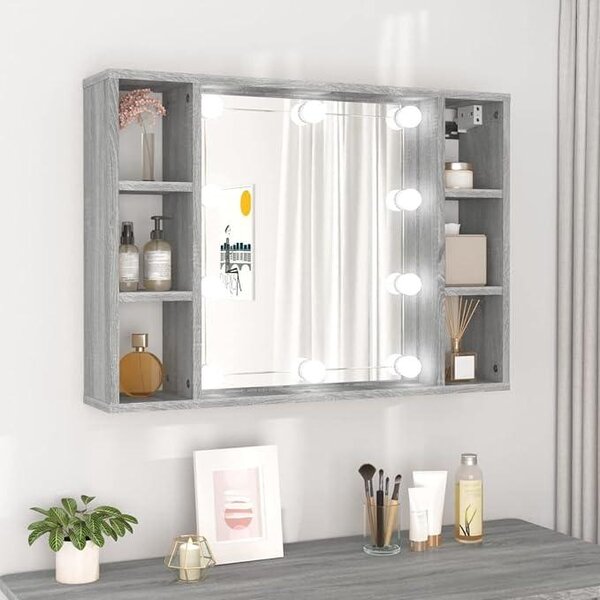 Zrcadlová skříňka s LED osvětlením, barva: šedý Imitace Sonoma, rozměry: 76 x 15 x 55 cm. Kosmetické zrcadlo, toaletní zrcadlo, nástěnná skříňka, skříňka do ložnice