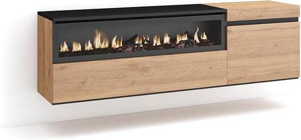 | TV stolek, nízká komoda | do obývacího pokoje a jídelny | 150x45x35 cm | Pro televizory do velikosti 65" | Elektrický krb. Rozměry | Na zavěšení | Moderní styl | Dub, černá barva