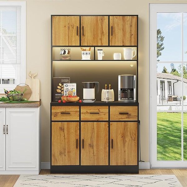 Skříňka do kuchyně, konferenční stolek s LED osvětlením, komoda do kuchyně s zásuvkovou lištou, kuchyňská skříňka s pracovní deskou a 3 zásuvkami, kuchyňská komoda s nastavitelnou policí, rozměry 180x100x40 cm (přírodní barva)