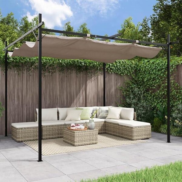 Zahradní pergola 295x292x230 cm, pavilón z hliníku, vodotěsná, sluneční stříška s posuvnou střechou, pergola pro terasu s markýzou, UV ochrana, barva taupe