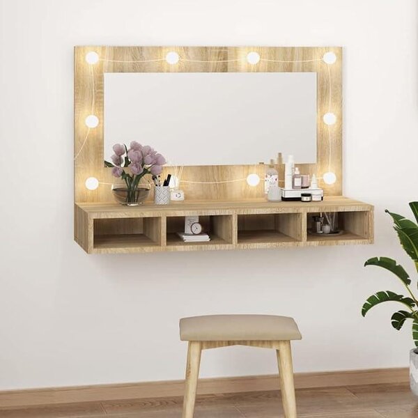 Zrcadlová skříňka s LED osvětlením, Imitace "Sonoma dub", rozměry 90 x 31,5 x 62 cm. Zrcadlová skříňka do koupelny s osvětlením. Zrcadlové skříňky do koupelny. Zrcadlo do koupelny, skříňka