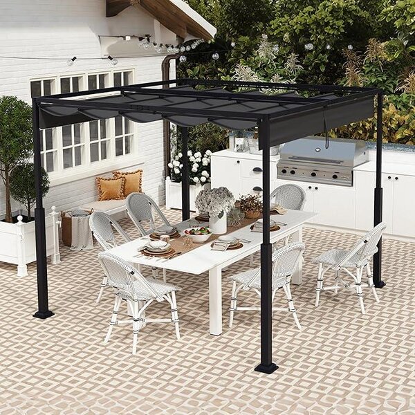 Venkovní pergola 3x3 metru, stabilní kovová konstrukce, 9 metrů. Zahradní altán se stříškou a posuvnou střechou, pro 6-8 osob. Samostatně stojící, s možností instalace výsuvné markýzy, vhodná do zahrady, na terasu a balkon (černá)
