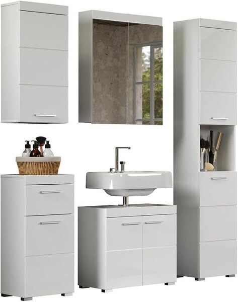 - Amanda - Kompletní koupelnový set (umyvadlová skříňka + skříňka se zrcadlem + podstavec + vysoká skříňka + nástěnná skříňka) - Bílá/Bílá vysoký lesk - (Šířka x Výška x Hloubka) 163 x 190 x 34 cm - Odolné proti poškrábání
