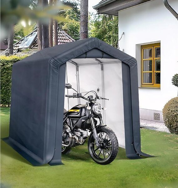 Skladiště pro zahradní nářadí, zahradní chata se 2 dveřmi, krytá garáž pro 2 kola, venkovní úkryt pro motocykly, rozměry 180x300x200 cm, krytý přístřešek se 2 ventilačními otvory, barva šedá