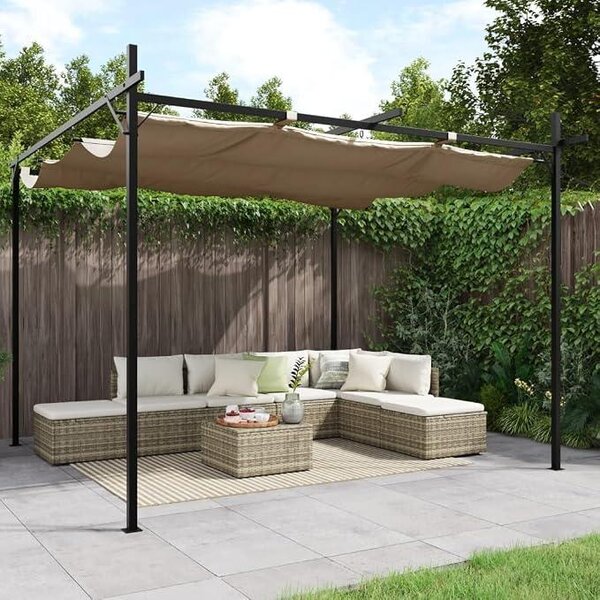 Pergola se sklopnou střechou, barva taupe, rozměry 295x292x230 cm, vhodná pro zastřešení terasy, altánu, ochrana terasy před sluncem, zastřešení terasy, zastřešení balkonu, odolná vůči povětrnostním vlivům - 360115