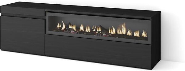 | TV stolek, nízká komoda | do obývacího pokoje a jídelny | 150x45x35 cm | Pro televizory do velikosti 65" | Elektrický krb. Rozměry | Moderní styl | Černá barva