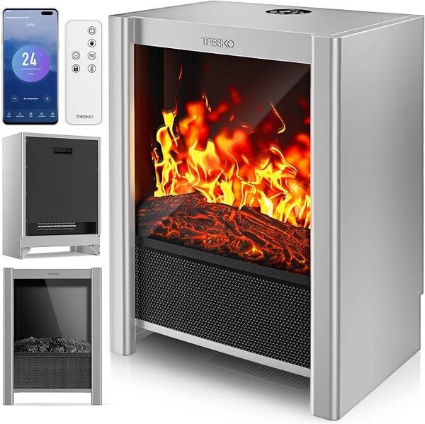 Elektrický krb s topením a dálkovým ovládáním, 2000W, aplikace WiFi | Elektrický krb s LED efektem plamene a LCD displejem | Krbové topení s termostatem a časovačem | Elektrický krbový sporák, stojací topení