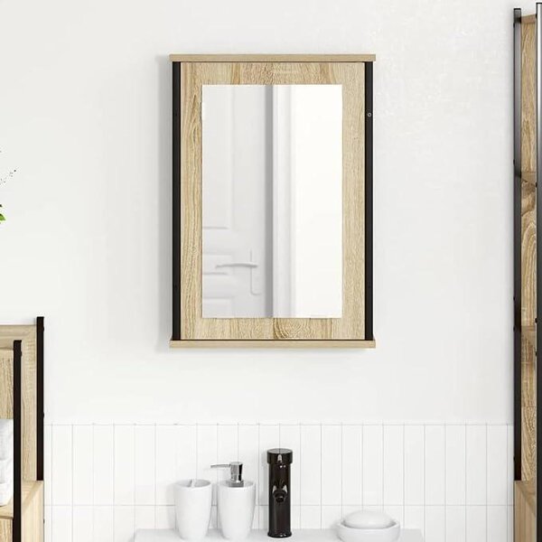 Zrcadlová skříňka. Materiál: přírodní dub, dřevotříska, sklo, kov. Střední velikost. Skříňka do koupelny, zrcadlo, nástěnná skříňka pro kosmetiku a hygienické potřeby. Číslo produktu: 868041