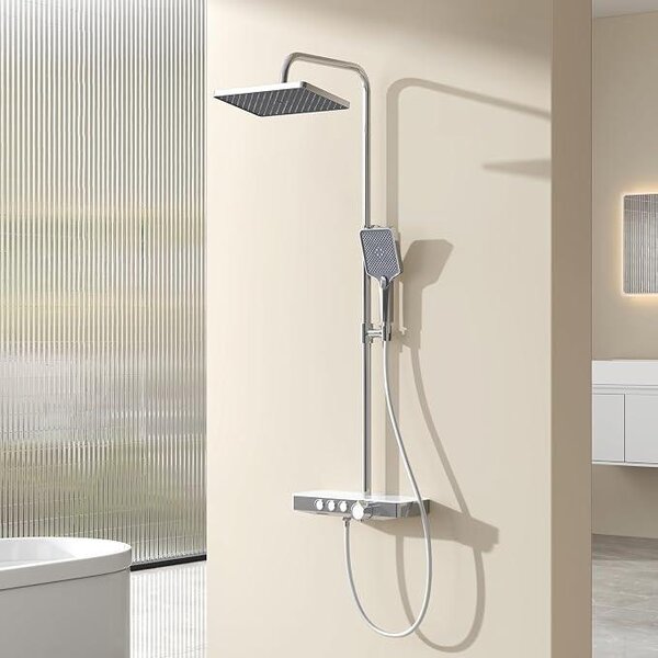 Designový sprchový systém s termostatem. Sprchový systém s dešťovou sprchou, 45 cm. Termostatická sprchová baterie, sprchový sloup, ruční sprcha s 3 proudovými režimy, dešťová sprcha s baterií, chrom