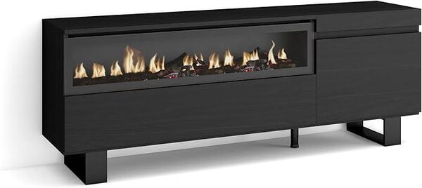 | TV stolek, nízká komoda | do obývacího pokoje a jídelny | 150x57x35 cm | Pro televizory do velikosti 65" | Elektrický krb. Rozměry | Průmyslový design | Moderní styl | Černá barva