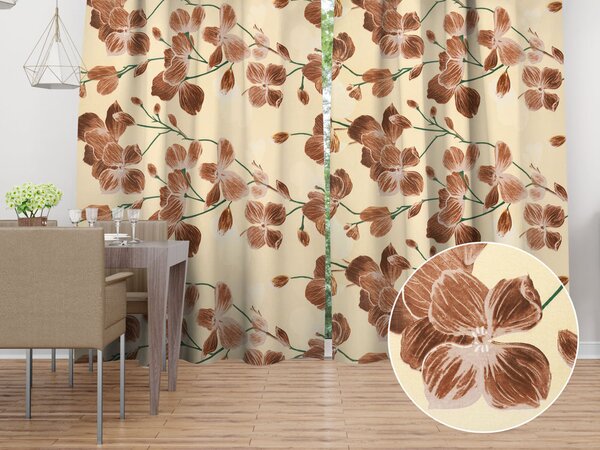 Biante Bavlněný závěs Sandra SA-536 Hnědé orchideje na vanilkově žlutém 150x140 cm