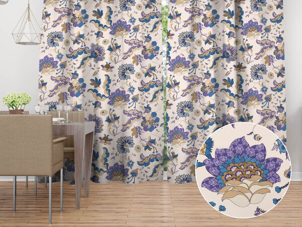 Biante Bavlněný závěs Sandra SA-539 Modro-fialové orientální květy na světle béžovém 150x140 cm