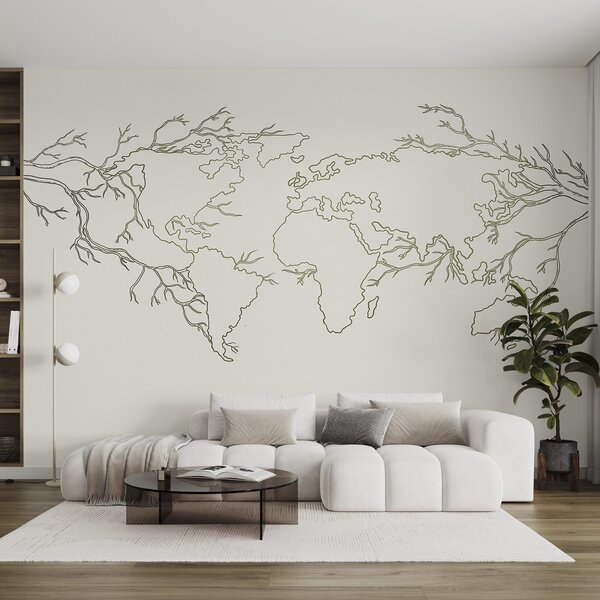 Fototapety Mapa světa, větve stromů, liniová kresba, minimalismus, příroda, zeleň, Fototapety designové, u99731v1 : uwalls.cz
