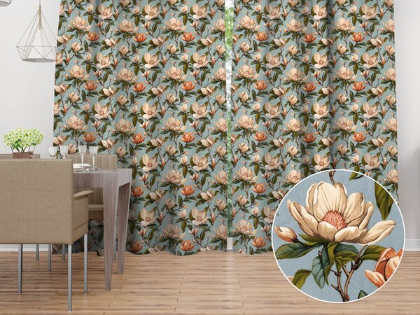 Biante Bavlněný závěs Sandra SA-545 Květy magnolie na šedomodrém 150x140 cm