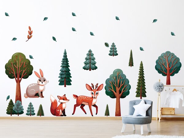 Veselá zvířátka a stromy textilní přelepitelné samolepky na zeď arch 47 x 26 cm