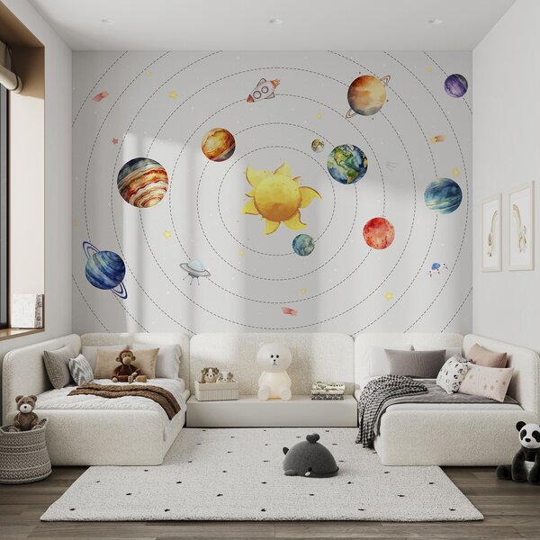 Fototapety Sluneční soustava, planety, slunce, raketa, ufo, satelit, hvězdy, bílé pozadí , Fototapety dětské, w00214 : uwalls.cz