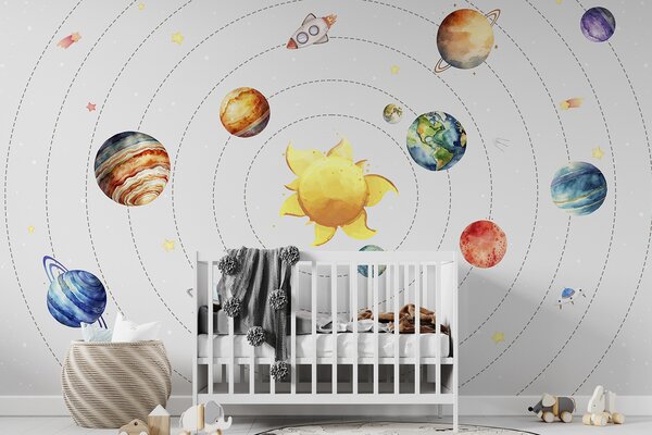 Fototapety Sluneční soustava, planety, slunce, raketa, ufo, satelit, hvězdy, bílé pozadí , Fototapety dětské, w00214 : uwalls.cz