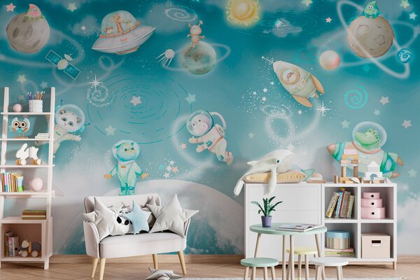 Fototapeta Kreslená vesmírná scéna s planetami a hvězdami, Vesmírné fototapety, Populární fototapety, w00343 - Tapeko.co.cz