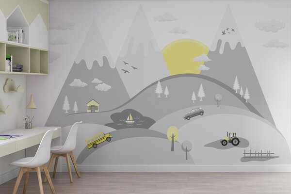 Fototapeta Kreslený film s osobními a nákladními auty na kopci, Dětské fototapety, Populární fototapety, w00219 - Tapeko.co.cz