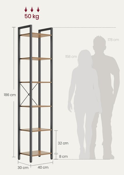 REGÁL, černá, barvy vlašských ořechů, ocel, 40/186/30 cm Boxxx - Knihovny, Online Only