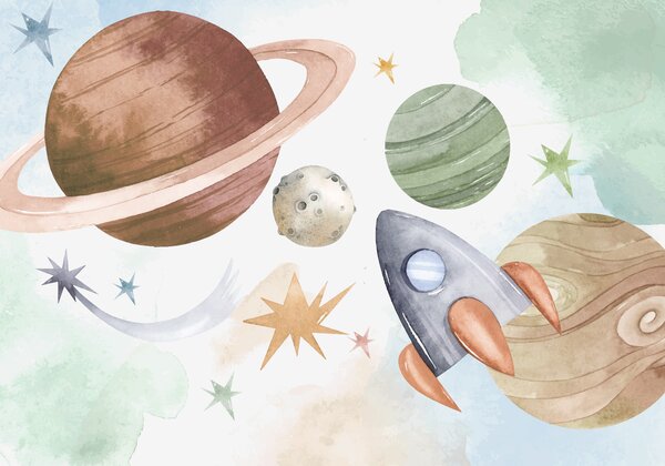 Fototapety Barevné ilustrace zobrazující různé planety a vesmír akvarel, Fototapety dětské, Fototapety pro chlapce, w00539 : uwalls.cz