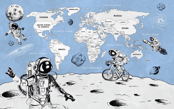Fototapeta Kresba dvou astronautů na Měsíci, Fototapeta s mapou světa, Populární fototapety, w00473 - Tapeko.co.cz