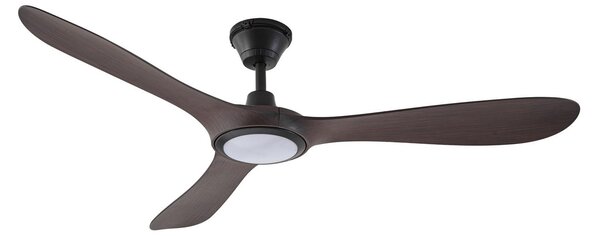 Venkovní stropní ventilátor Winrod s LED osvětlením, tmavé dřevo, IP66 – Lucande Lucande, Winrod, stmívatelné, Dřevo, Plast, Moderní