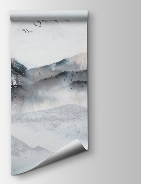 Fototapeta Obraz horského pásma, nad kterým létají ptáci, Akvarelové fototapety, Populární fototapety, w00707 - Tapeko.co.cz
