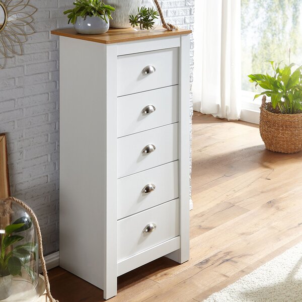 Komoda FineBuy s 5 zásuvkami, 53 x 114 x 39 cm, bílá / dub, moderní design, vysoká úzká komoda se zásuvkami do obývacího pokoje