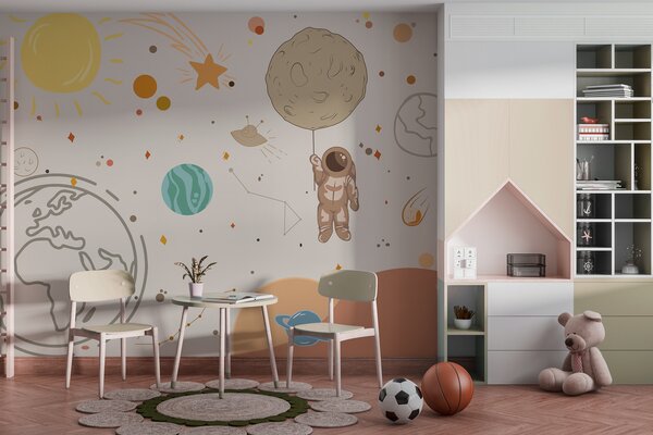 Fototapeta Kreslený obrázek astronauta držícího planetu ve vesmíru, Vesmírné fototapety, Populární fototapety, w00743 - Tapeko.co.cz