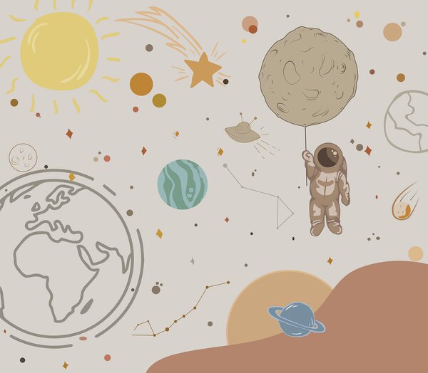 Fototapeta Kreslený obrázek astronauta držícího planetu ve vesmíru, Vesmírné fototapety, Populární fototapety, w00743 - Tapeko.co.cz