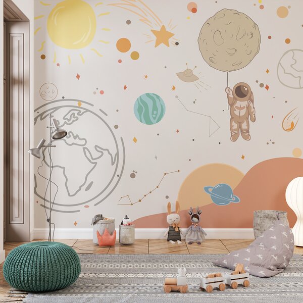Fototapeta Kreslený obrázek astronauta držícího planetu ve vesmíru, Vesmírné fototapety, Populární fototapety, w00743 - Tapeko.co.cz
