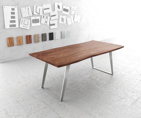 DELIFE Jídelní stůl 200x100cm Akácie tmavá nerezová ocel Stříbrná šikmá hrana nepravidelná hrana