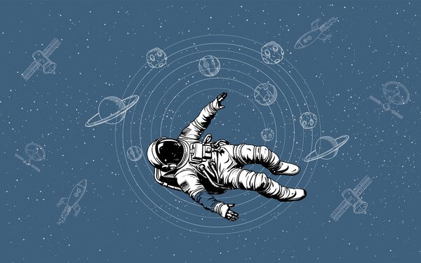Fototapety Astronaut a planety na modrém pozadí, Fototapety space, w00712v3 : uwalls.cz