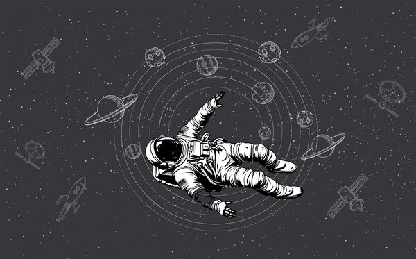 Fototapety Astronaut a planety na tmavě šedém pozadí, Fototapety space, w00712v5 : uwalls.cz
