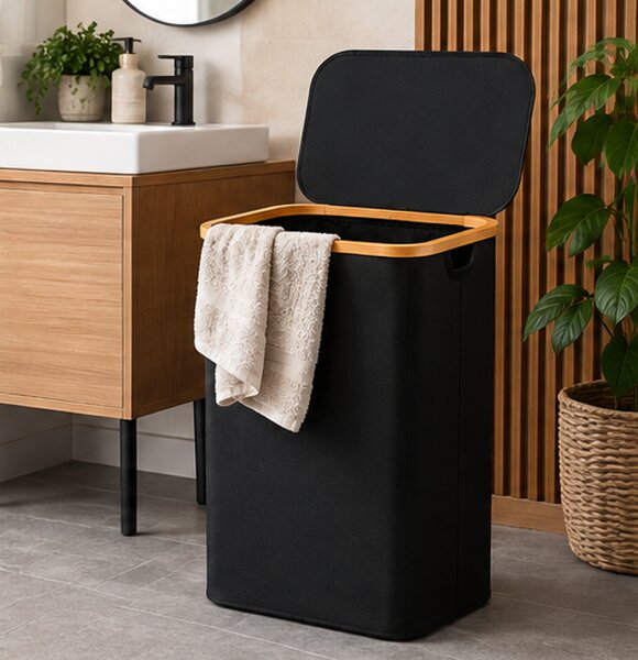 Koš na prádlo, objem 100+ l, s víkem, 2 odnímatelné tašky, látka/bambus, 75x43x32 cm, černá/přírodní, Dekorino KP20260003
