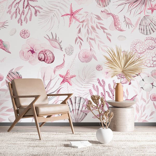Fototapety Akvarel mořský vzor, boho styl, mušle, korály, bavlna, růžové barvy, Fototapety květiny, w00851v3 : uwalls.cz