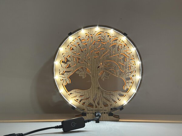 "Strom života s achátovým srdcem" dřevěná lampa s dvojitým podsvícením 20x22 cm/dub