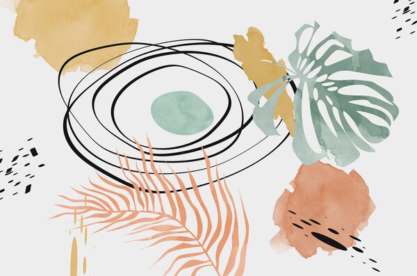 Fototapety Boho abstrakce, monstera a palmový list, zakřivené linie, skvrna, geometrická, topografická,, Fototapety moderní, w01256 : uwalls.cz